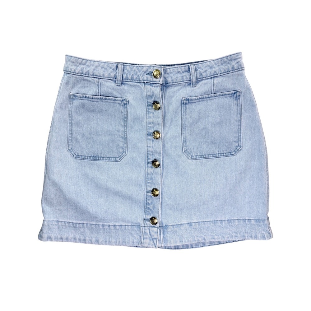 Free Assembly Denim Skirt Women Size 10 Light Wash Gold Button Front Mini Jean